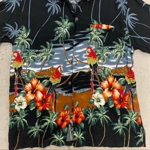 ULUWATU Men's Black Hawaiian Shirt Parrots Palm Trees Tropical Aloha Size Medium